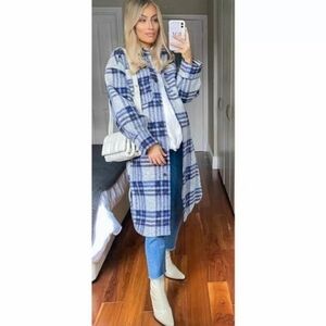 H&M blue and gray plaid wool blend blogger favorite oversized shirt jacket